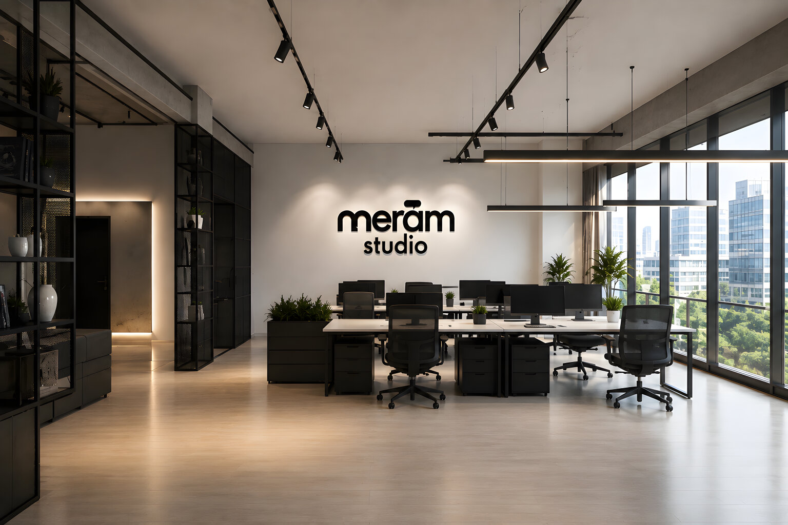Meram Studio Kayseri ofisi: merâm logolu stüdyo, çalışma alanı ve şehir manzarası